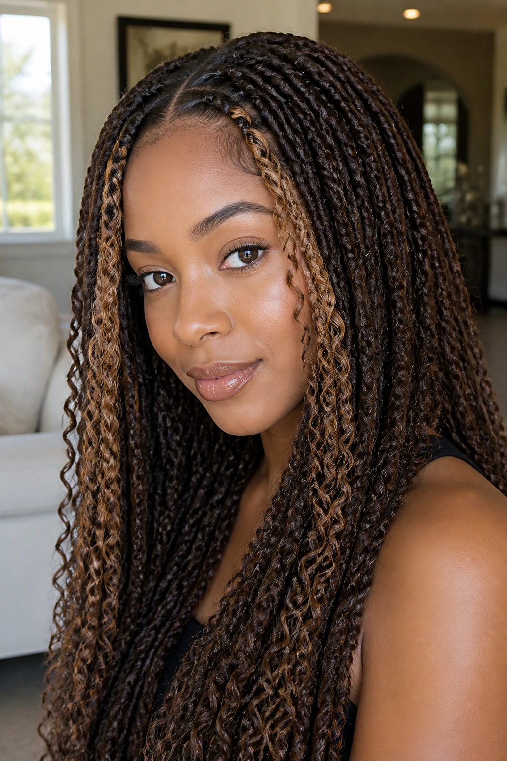 Real person wearing knotless-inspired crochet braids with espresso roots.