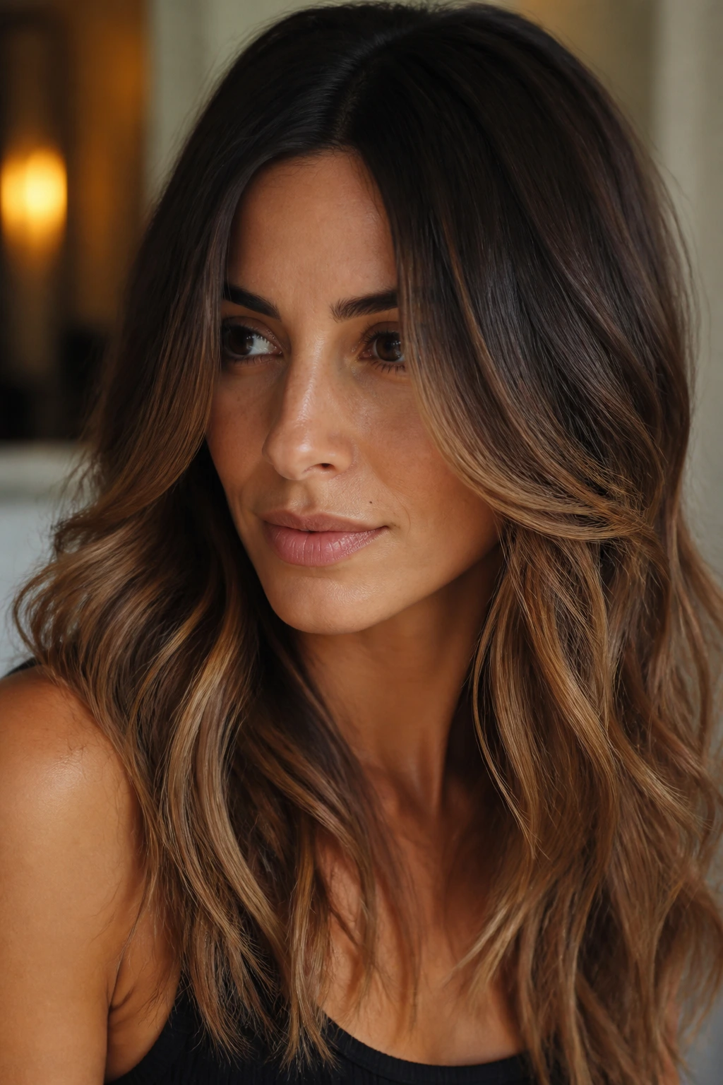 Real woman with espresso roots and toffee ends in long layered hair