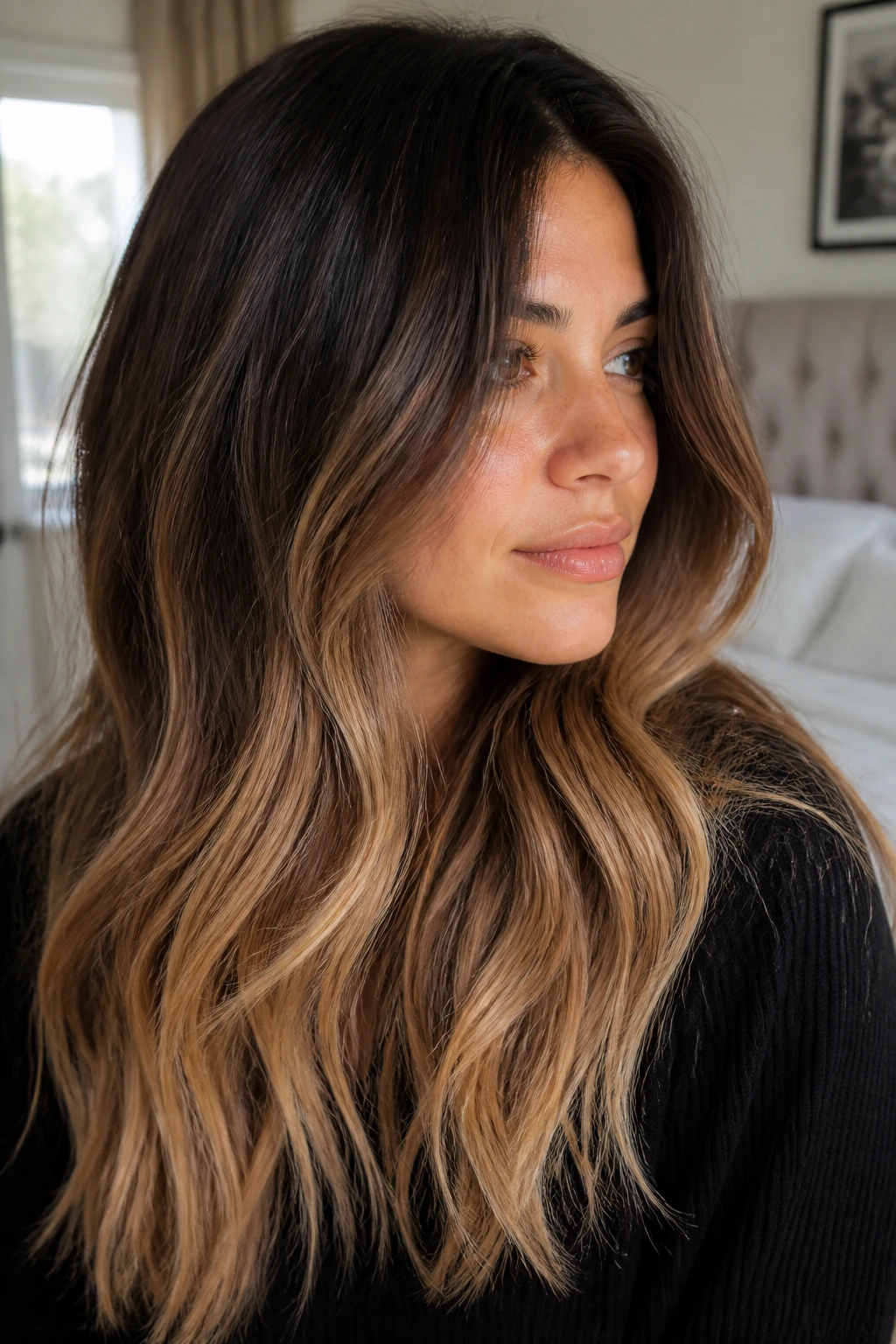 Close-up portrait of a real woman with espresso roots and wheat blonde ends on thick hair