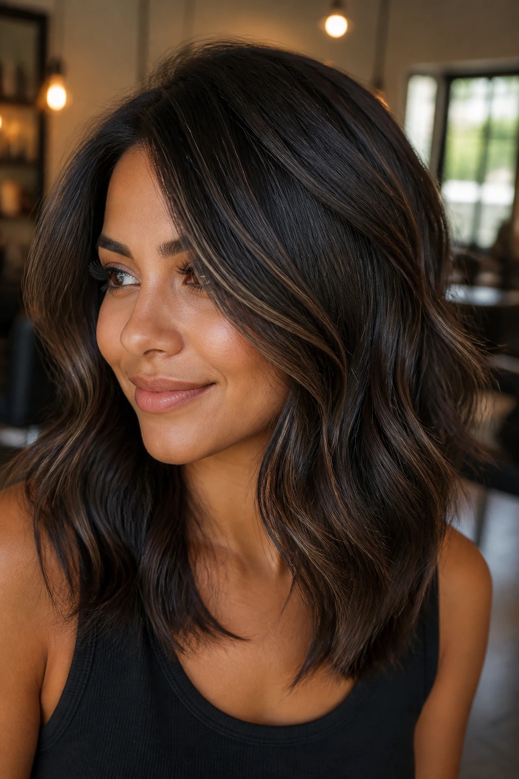 Portrait of a woman with espresso lowlights and subtle lighter threads in brunette hair