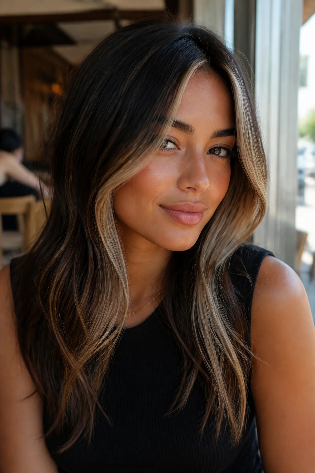 Close-up of hair with espresso root shadow and light front pieces framing the face