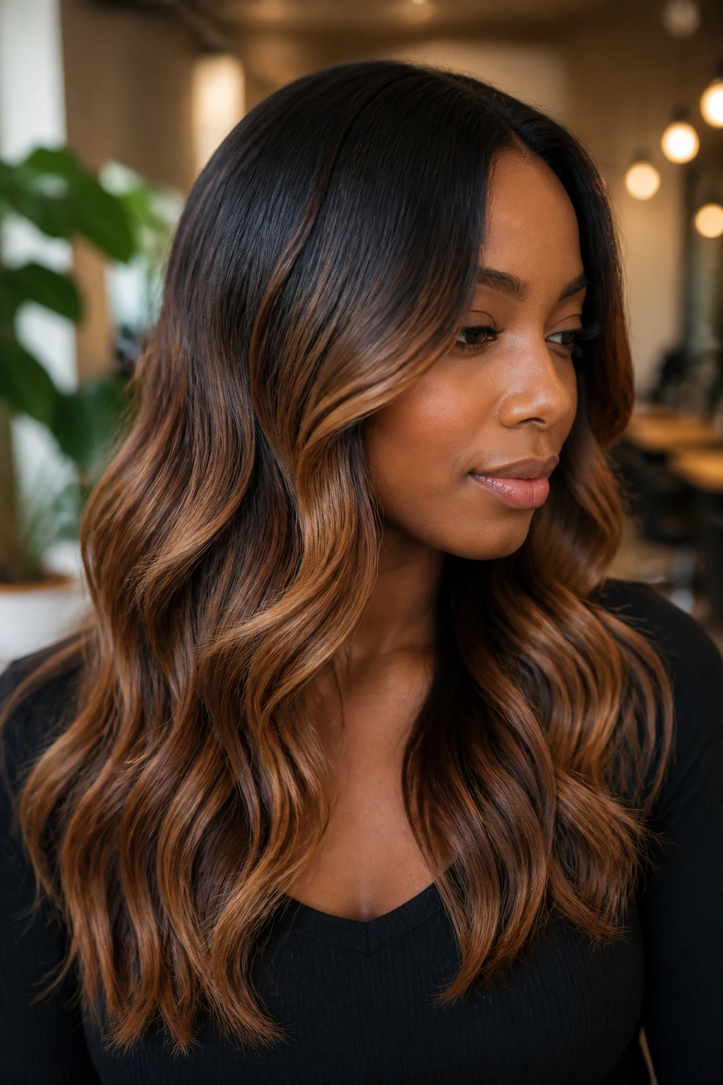 Close-up of a person showing espresso shadow root and caramel sweep.