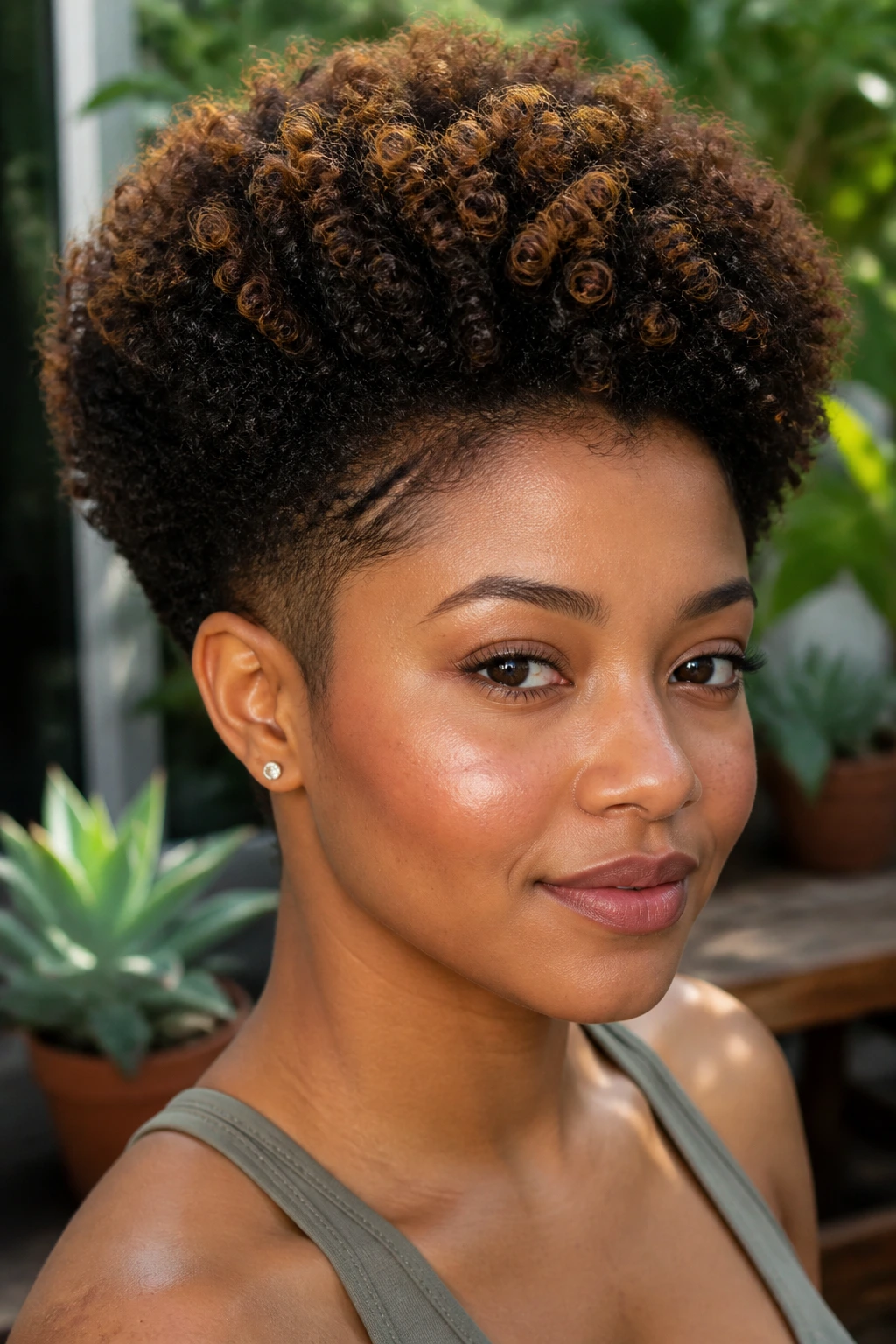 Tapered Afro with espresso shadow roots enhancing silhouette