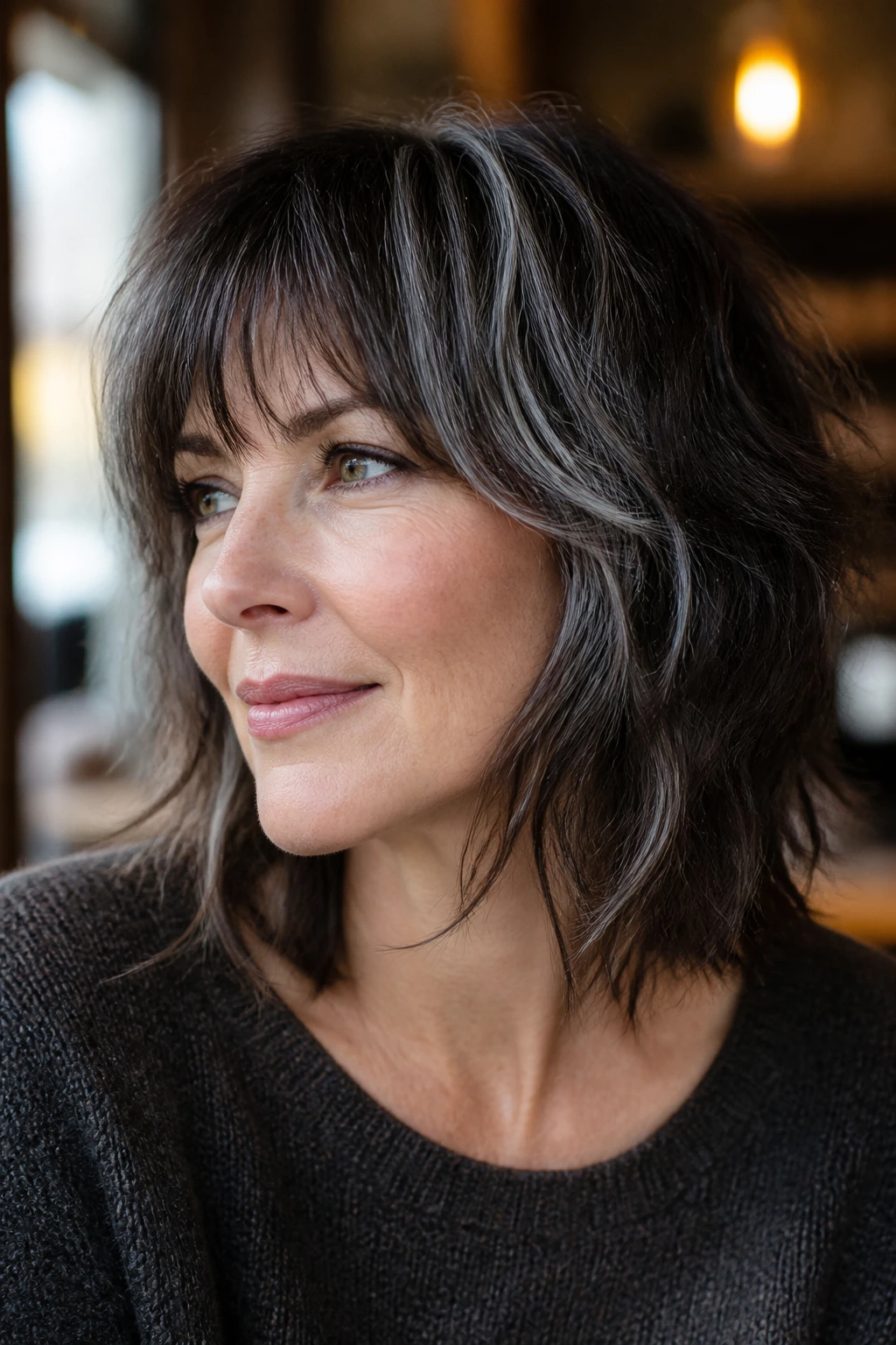 Close-up portrait of a real woman with espresso shag and silver ribbons around the face