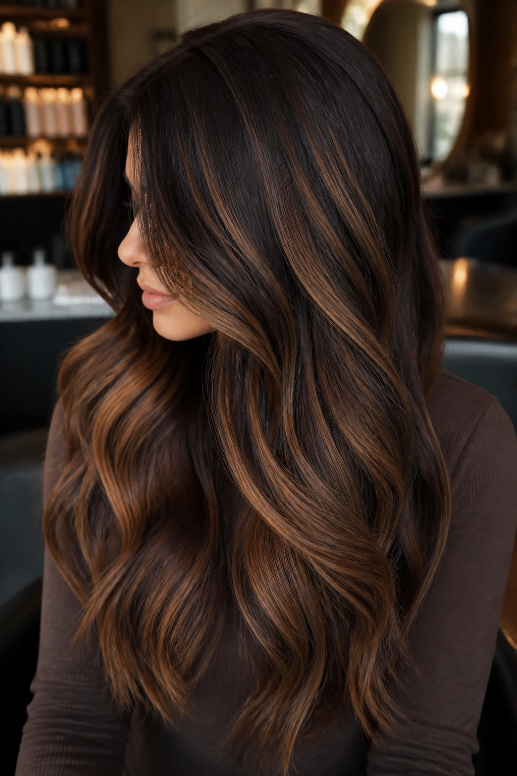 Close-up of hair with deep espresso base and caramel sheets in a salon setting