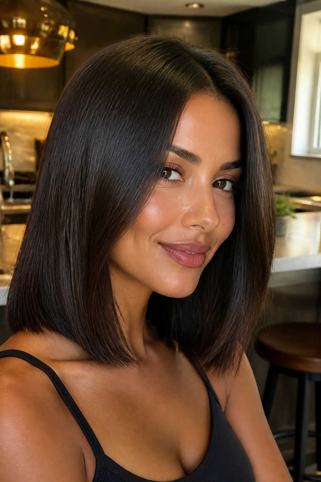 Close-up of a real woman with a sleek espresso mid-length cut
