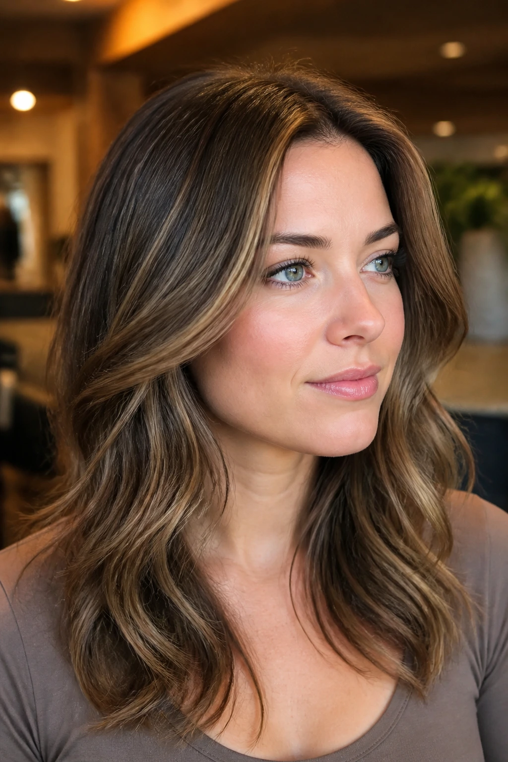 Portrait of a real woman with Espresso-Soft Lowlights adding depth to caramel base.