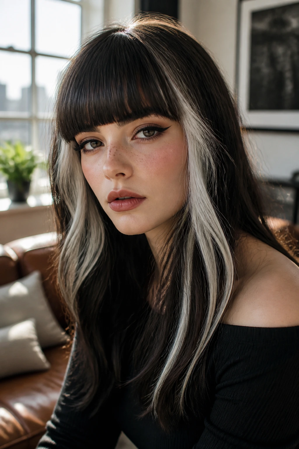 Close-up portrait of a real person with espresso hair and white streaks with heavy blunt bangs in natural light