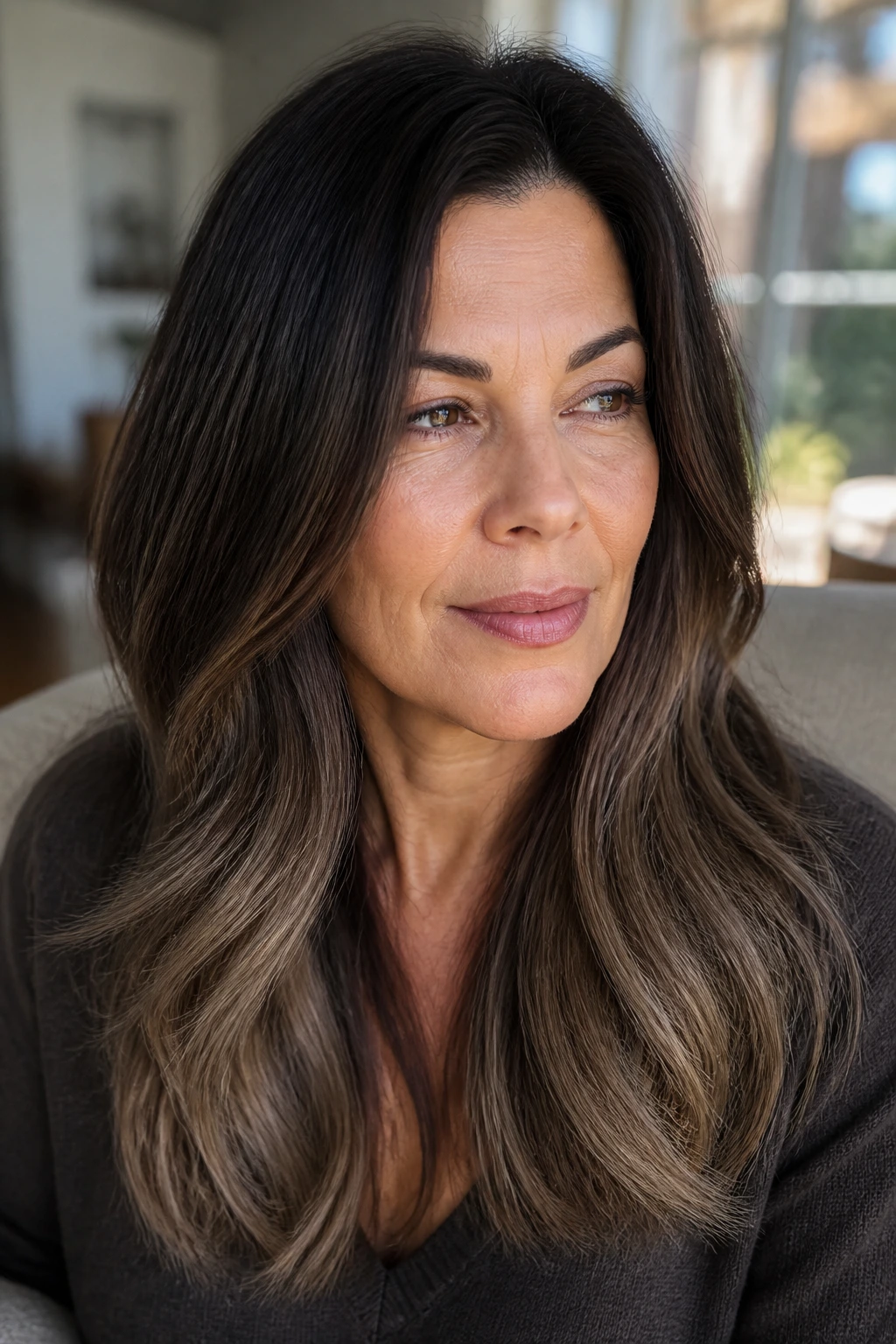 Close-up of espresso-to-taupe hair gradient on a real woman