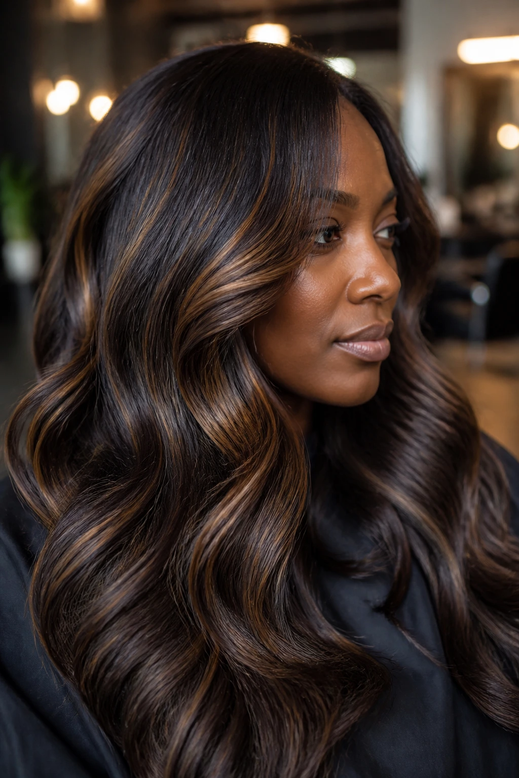 Close-up portrait showing espresso and teak lowlights in deep brown hair