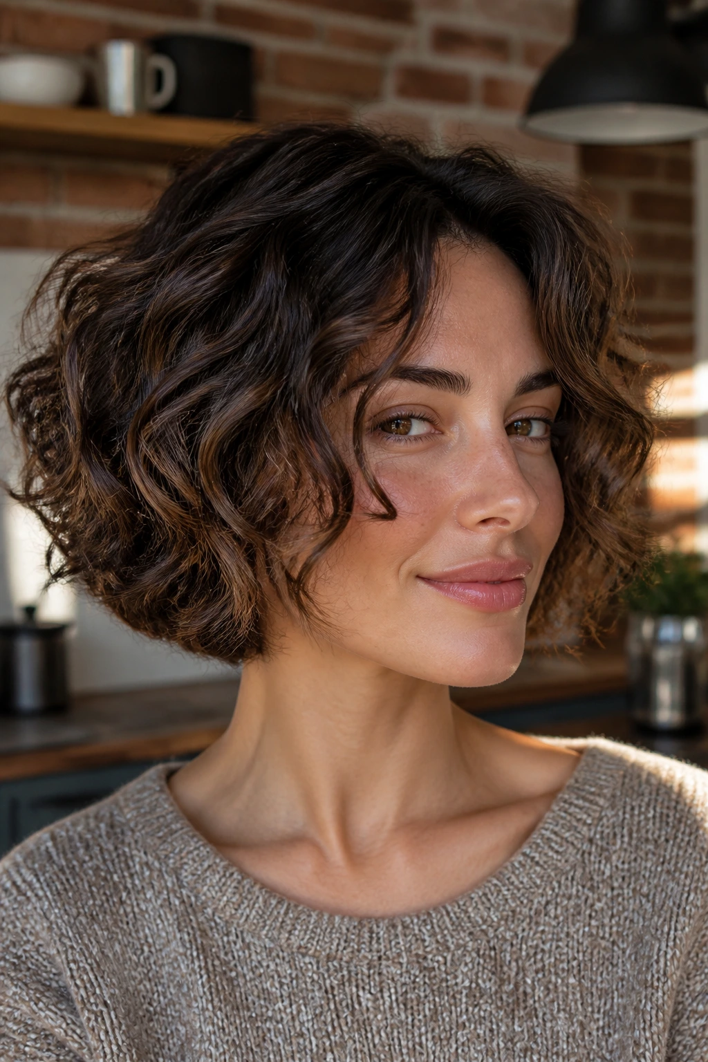 Close-up of espresso roots with toffee highlights on a jaw-length curly bob