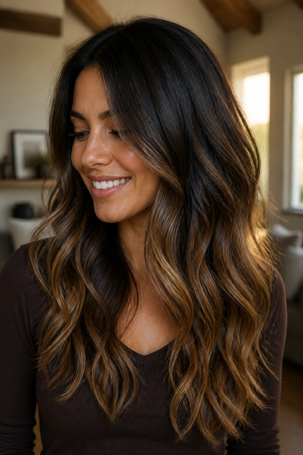 Close-up of dark hair with espresso-to-toffee gradient on waves