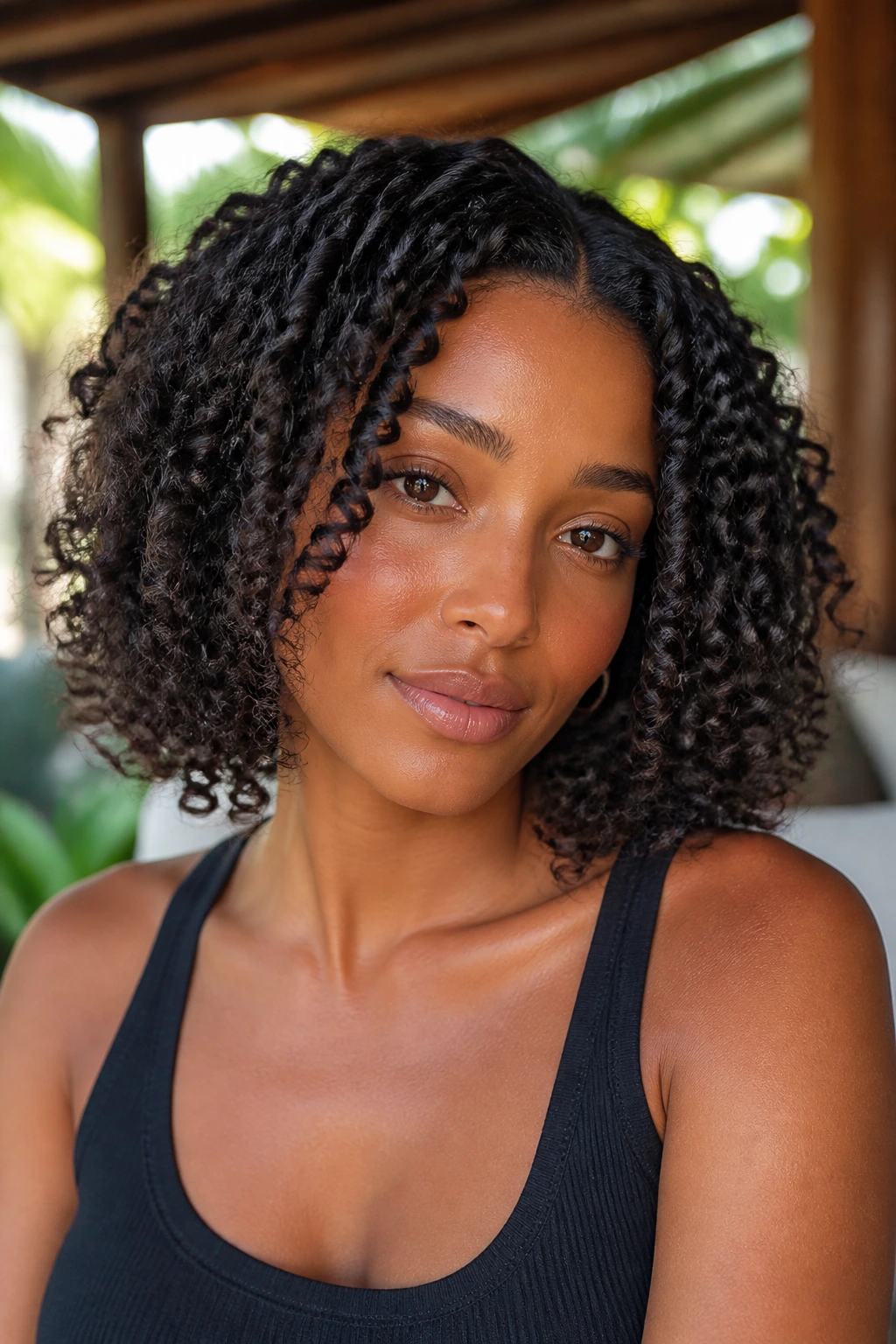 Close-up portrait of a real woman with espresso twist-out lob on tan skin