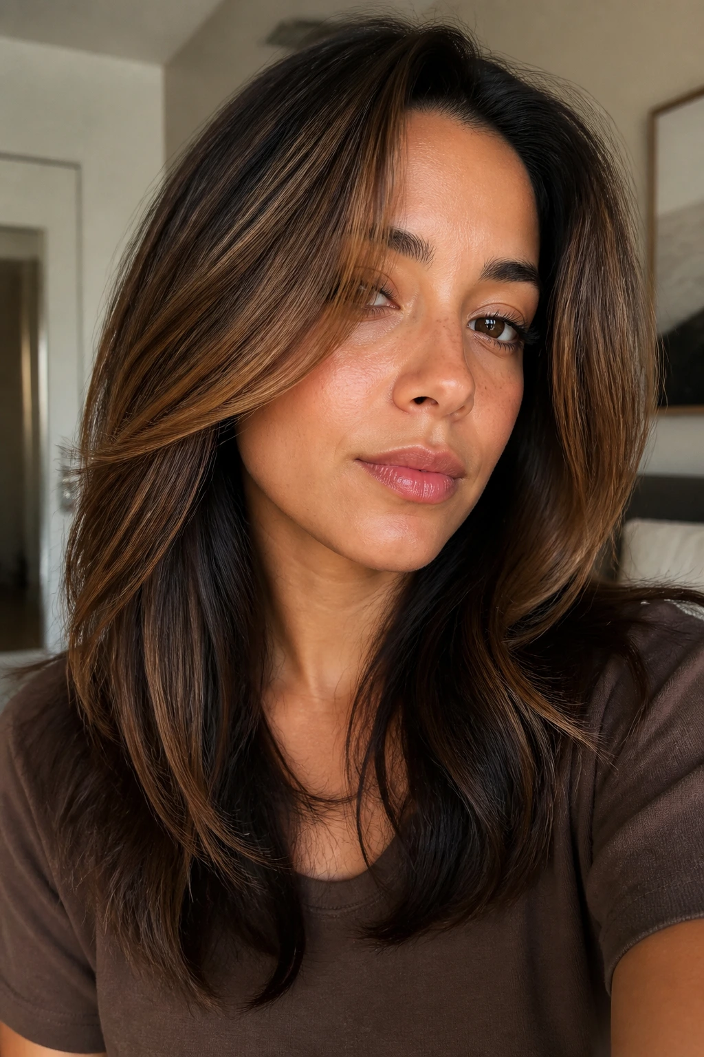 Close-up of hair showing espresso underlayer with a lighter top sheet for depth.