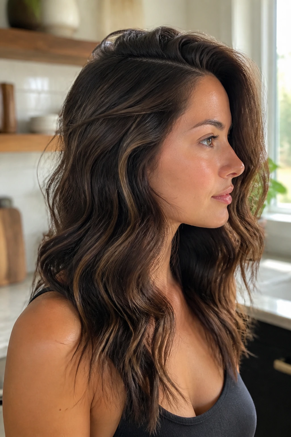 Side-profile with deep side-part waves and espresso underlights