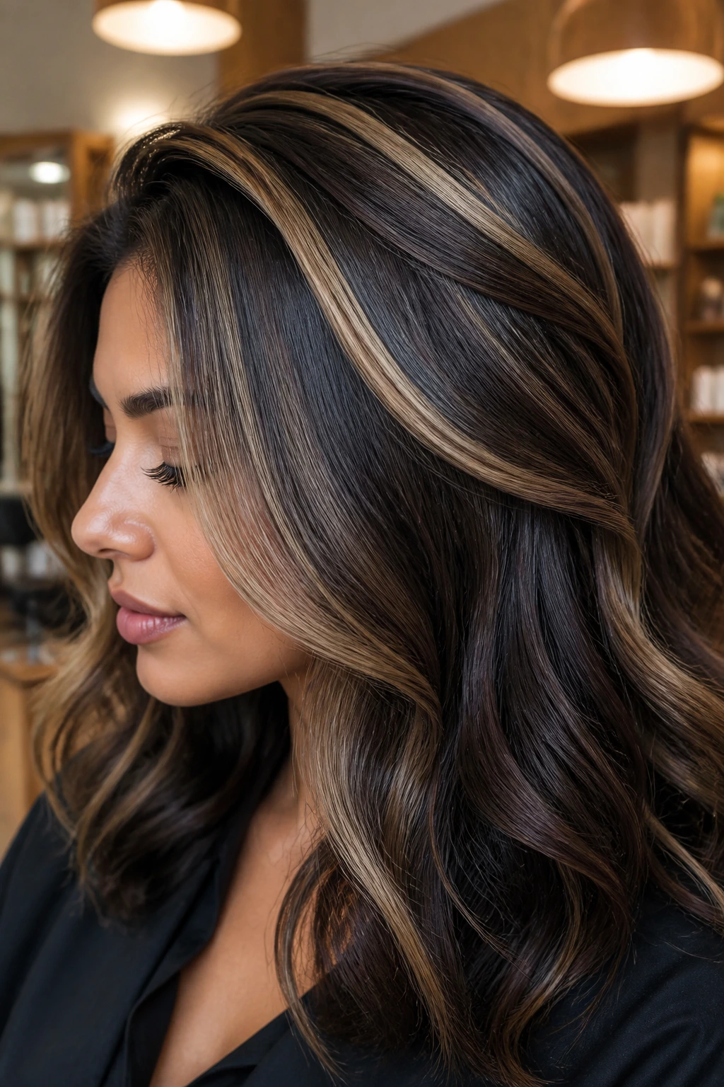 Close-up of espresso underpainting with deep underlayer on thick hair.