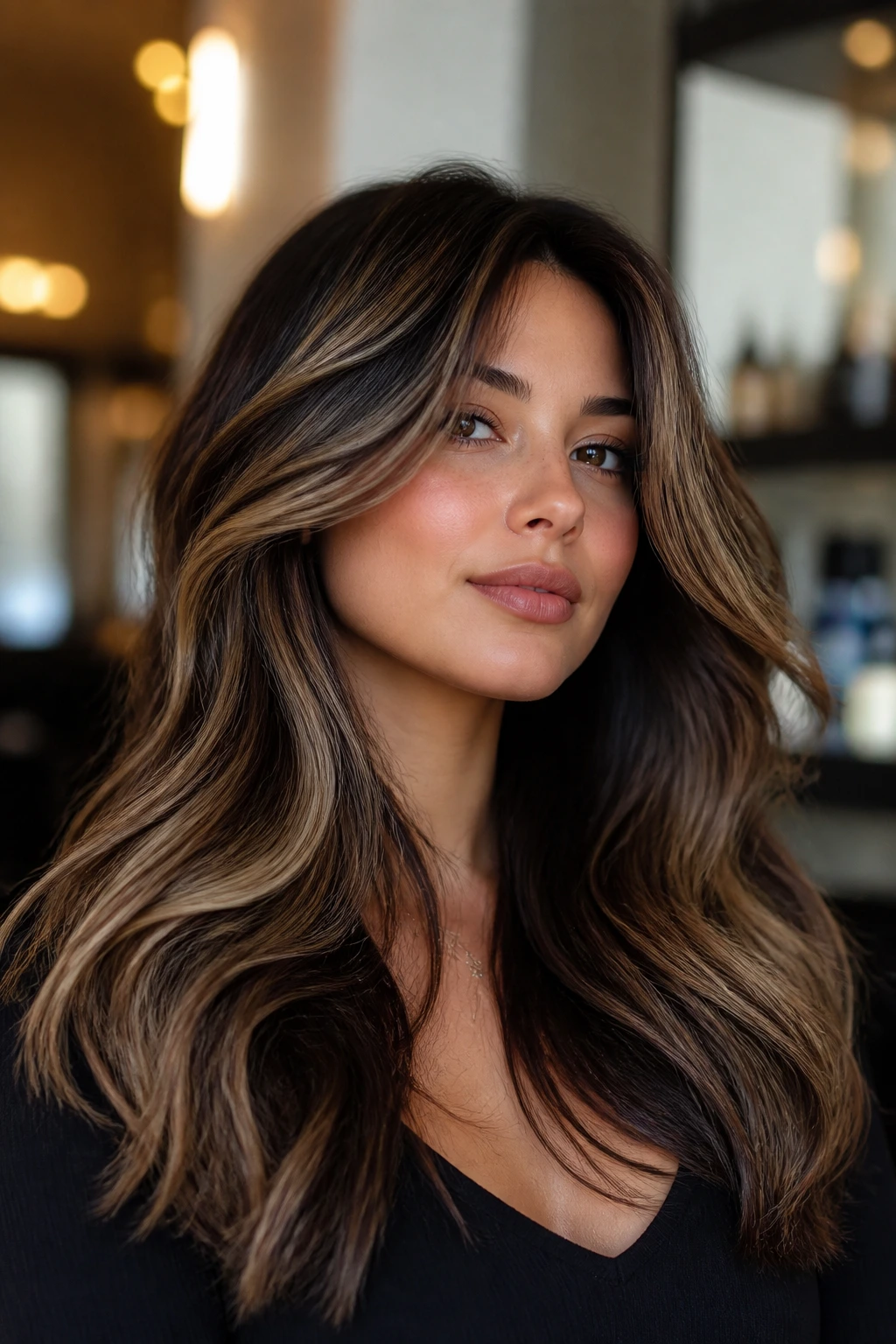 Close-up of a real person with espresso underpainting on thick hair