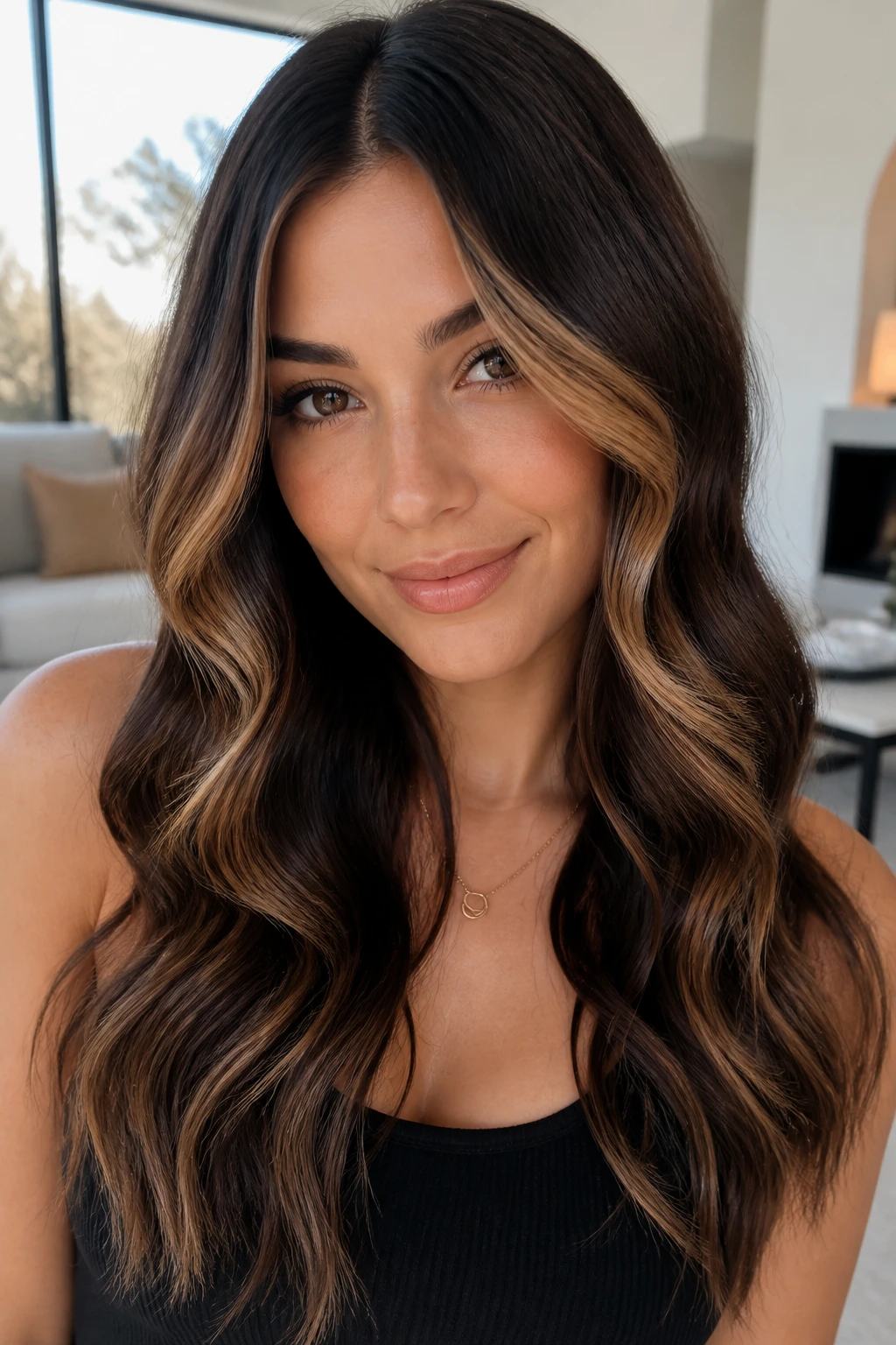 Close-up of glossy espresso waves with maple babylights on a real woman