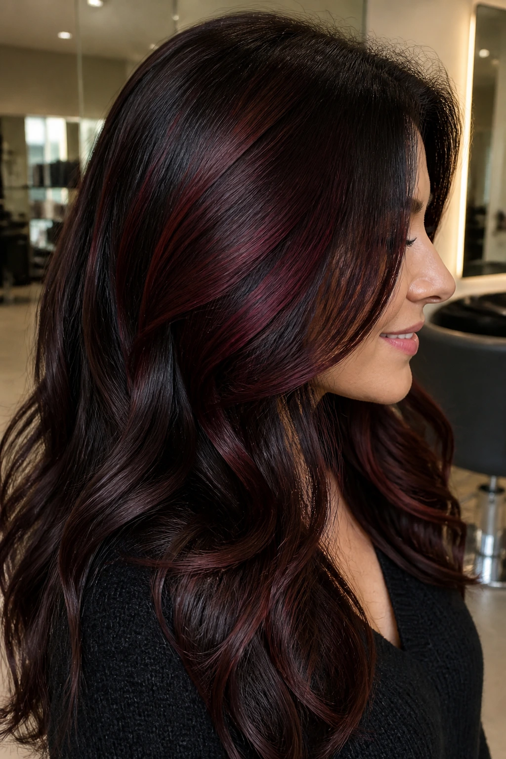 Brunette with espresso base and wine panels visible near crown in a modern salon.