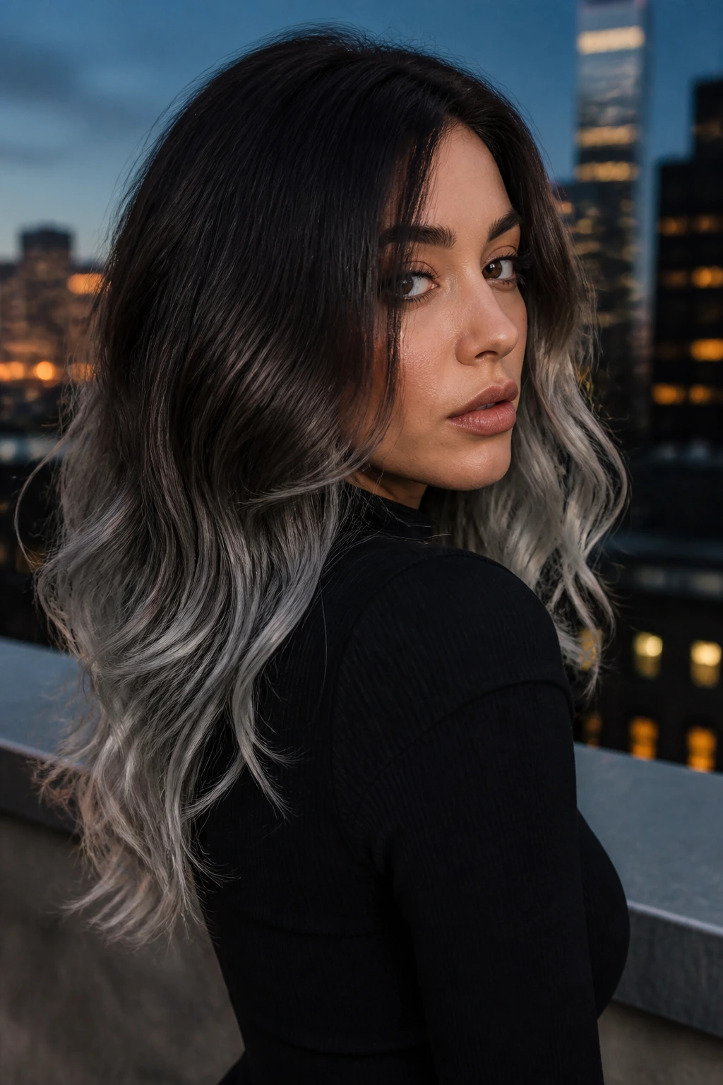 Real person with espresso roots and silver ends in a close-up portrait