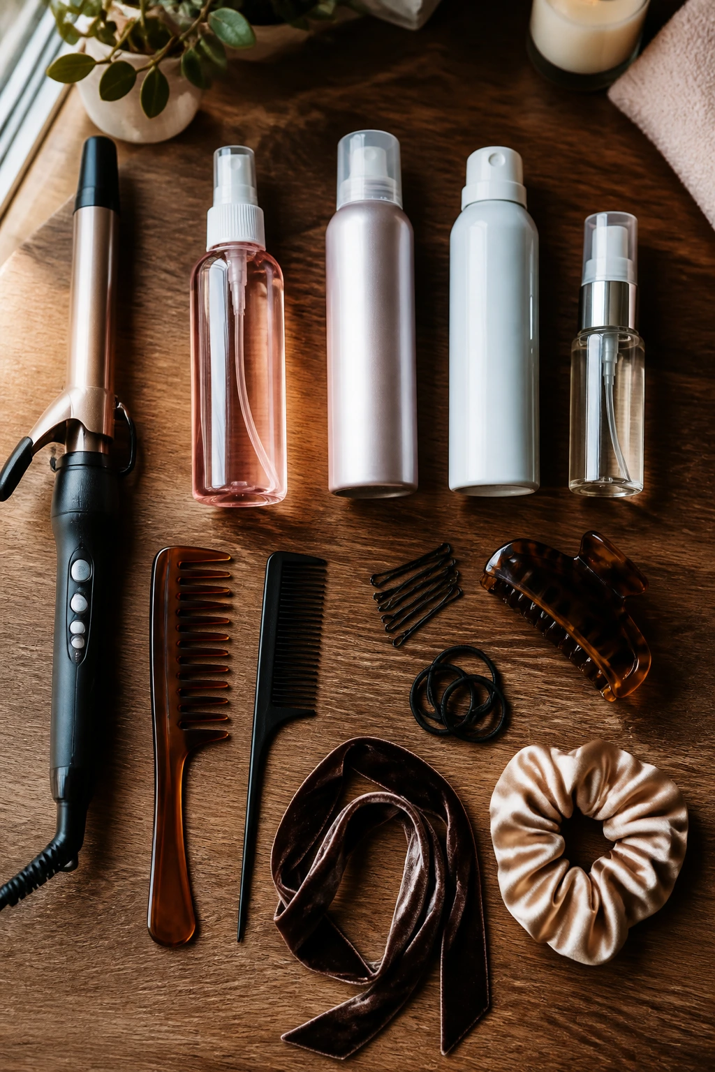Top-down arrangement of hair tools and products for loose curls in winter