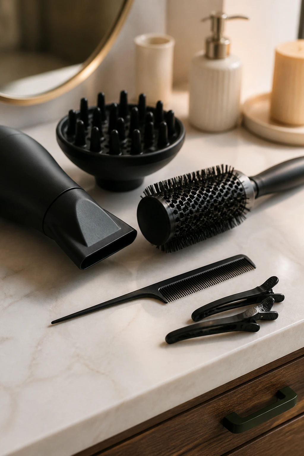 Close-up of unbranded essential hair tools on a vanity