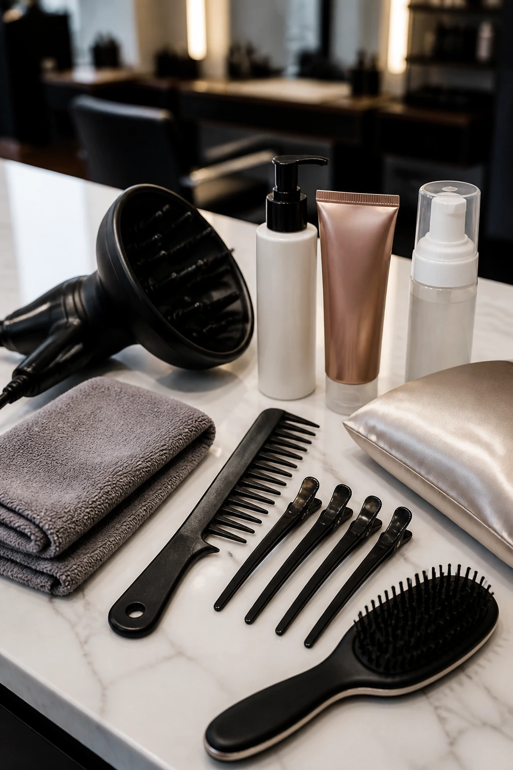 Top-down view of essential hair styling tools arranged on a salon counter