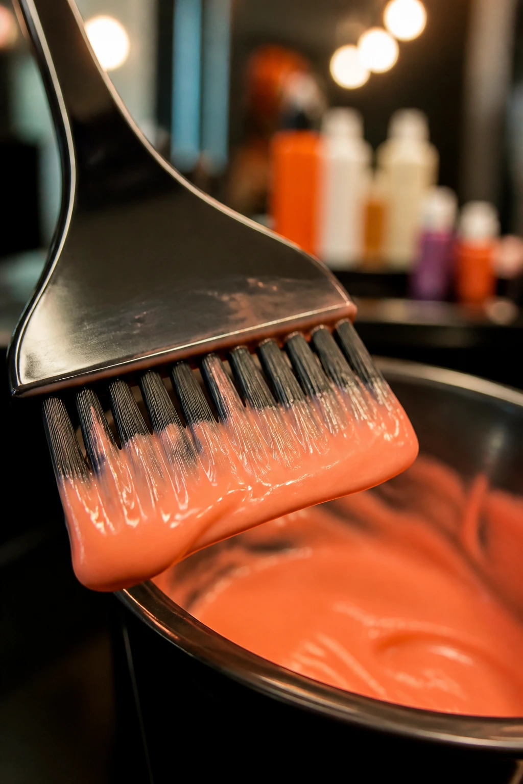 Close-up of a color brush with peach gloss in a salon setting