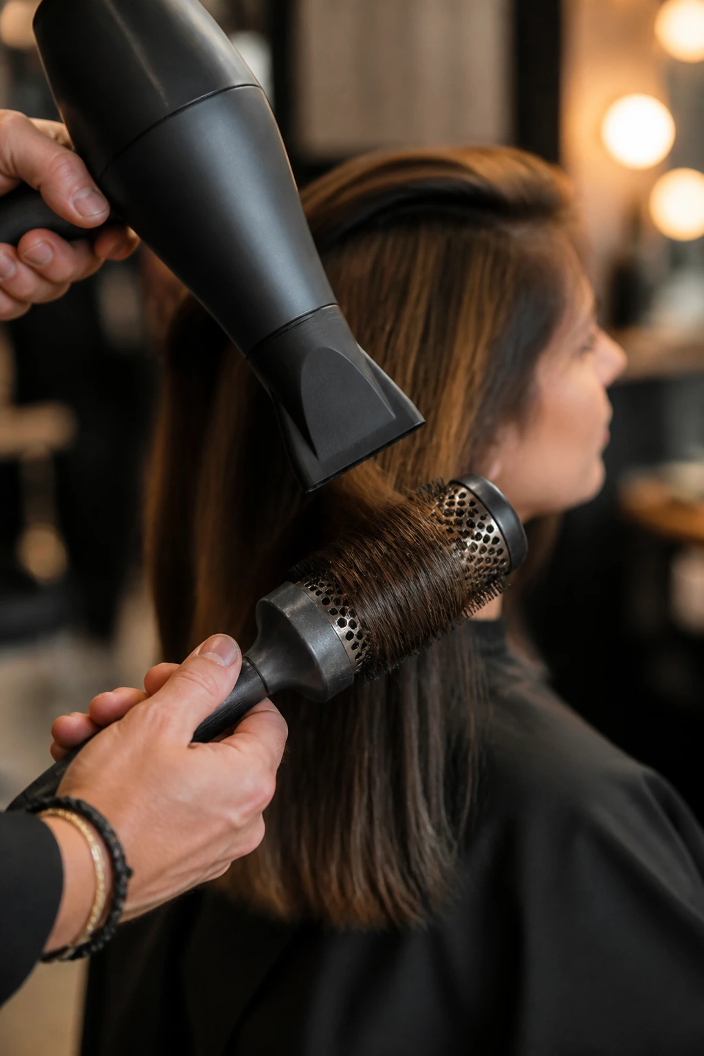 Hairstylist's hands using dryer nozzle and round brush on real client