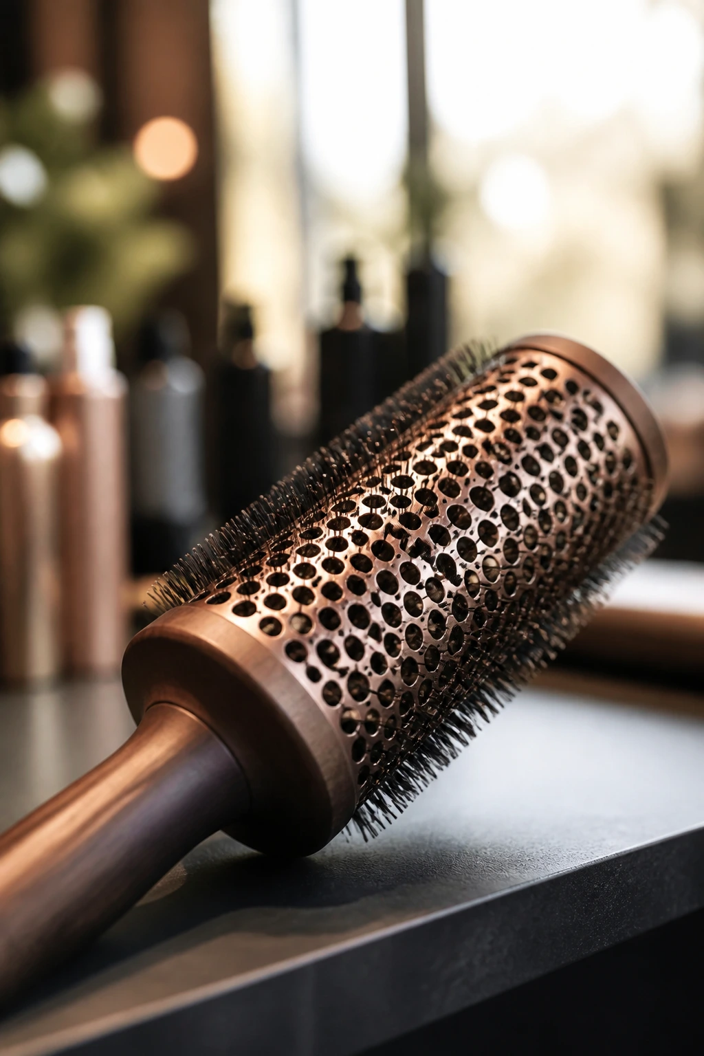 Close-up of a round brush in a salon setting.