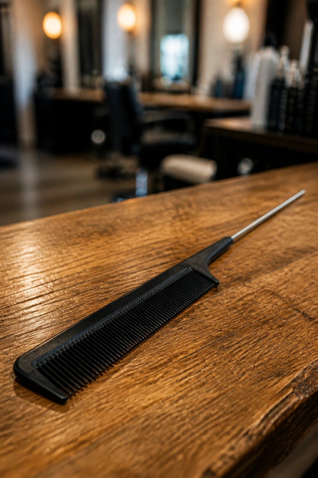 Close-up of a rat-tail comb on a wooden salon station