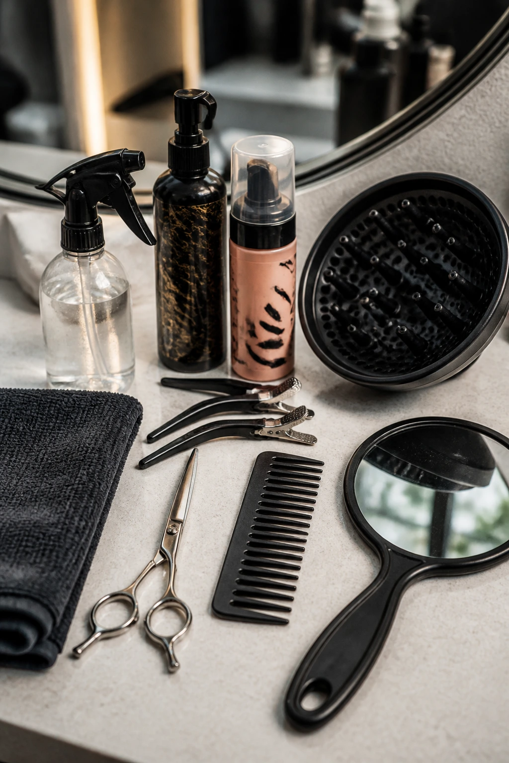 Close-up of essential hair-cutting tools on a salon counter