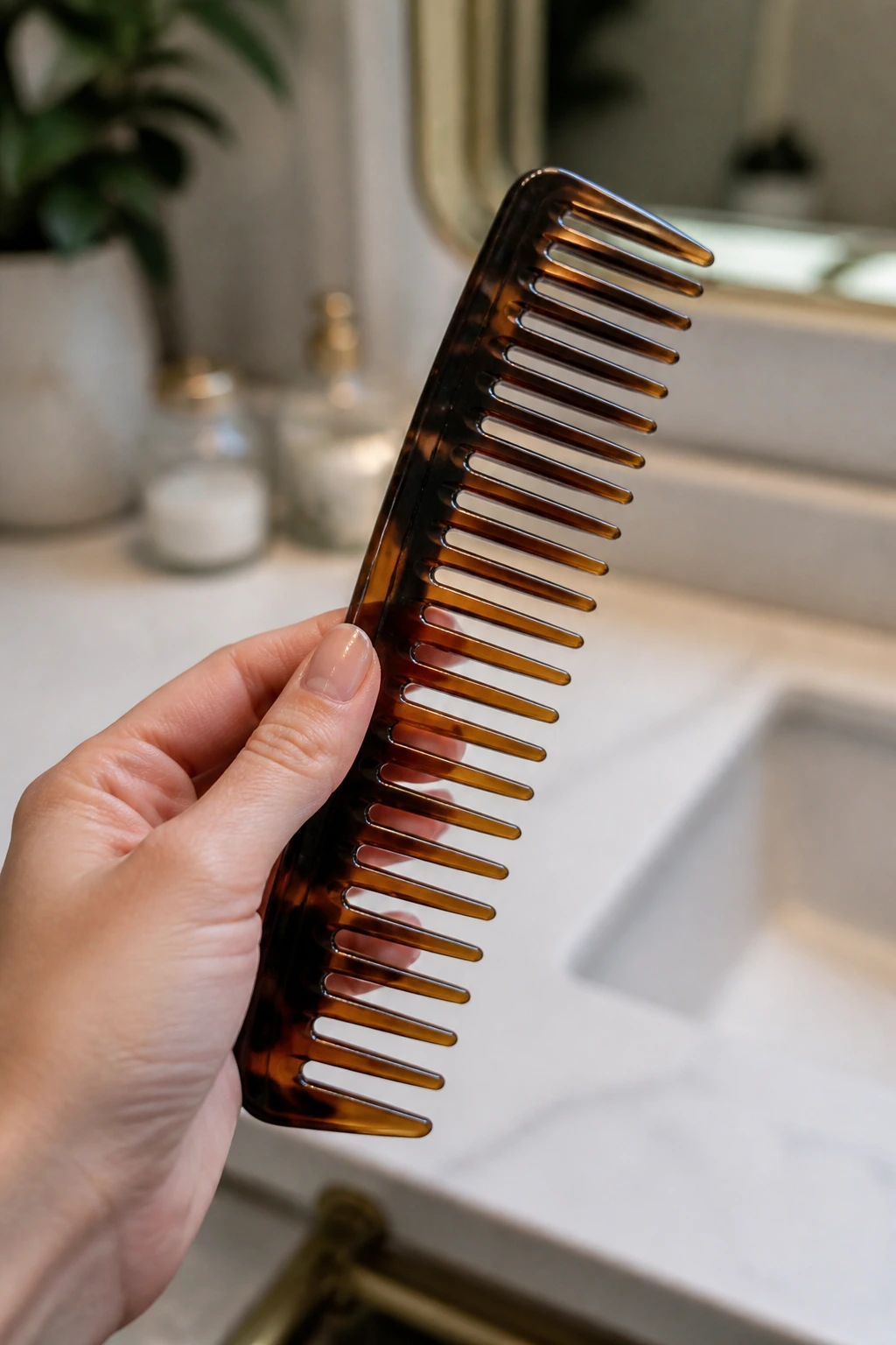 Close-up of a wide-tooth comb in hand over bathroom vanity
