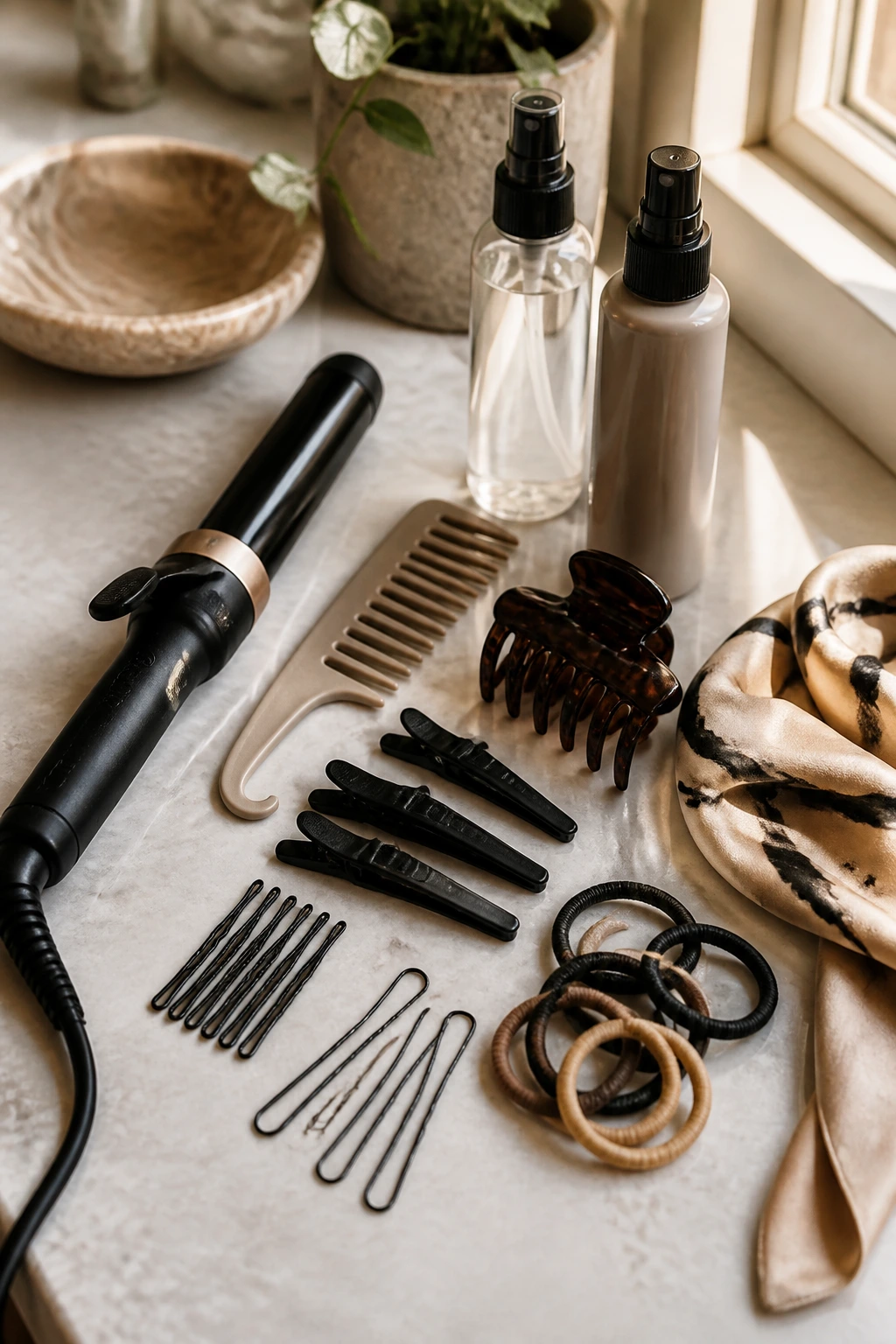 Close-up of essential styling tools on a bathroom counter for thick hair