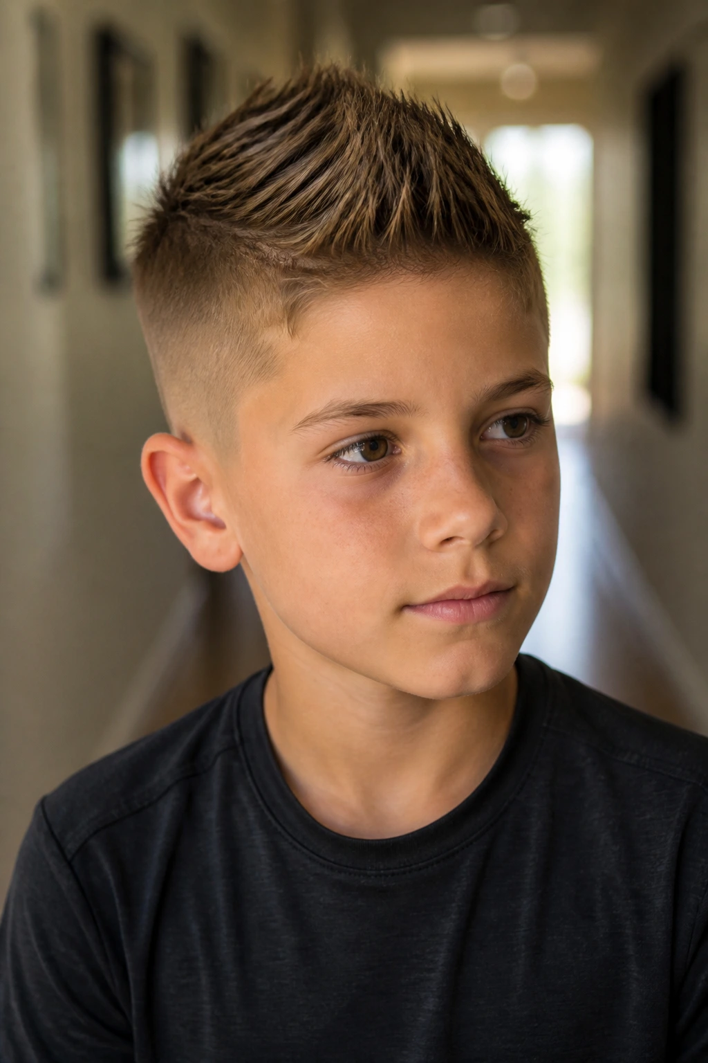 Close-up of a real boy's Eurohawk haircut with tight sides and subtle ridge on fine hair