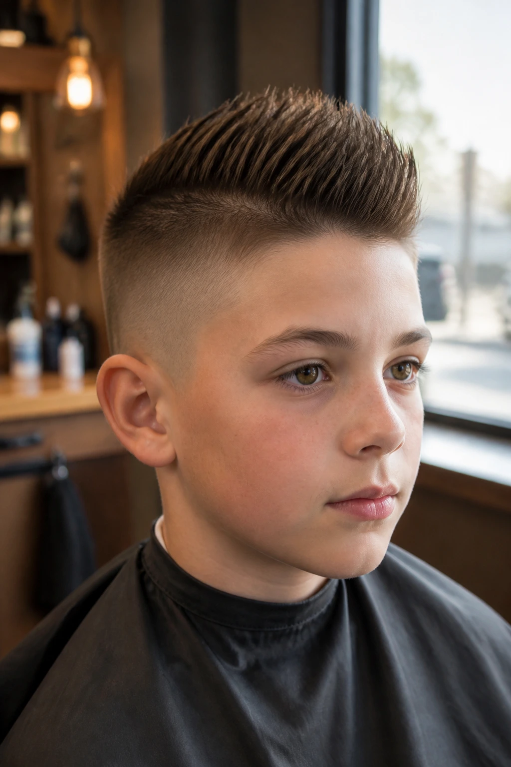Close-up of a real boy's Eurohawk haircut with a clean ridge in a barbershop setting