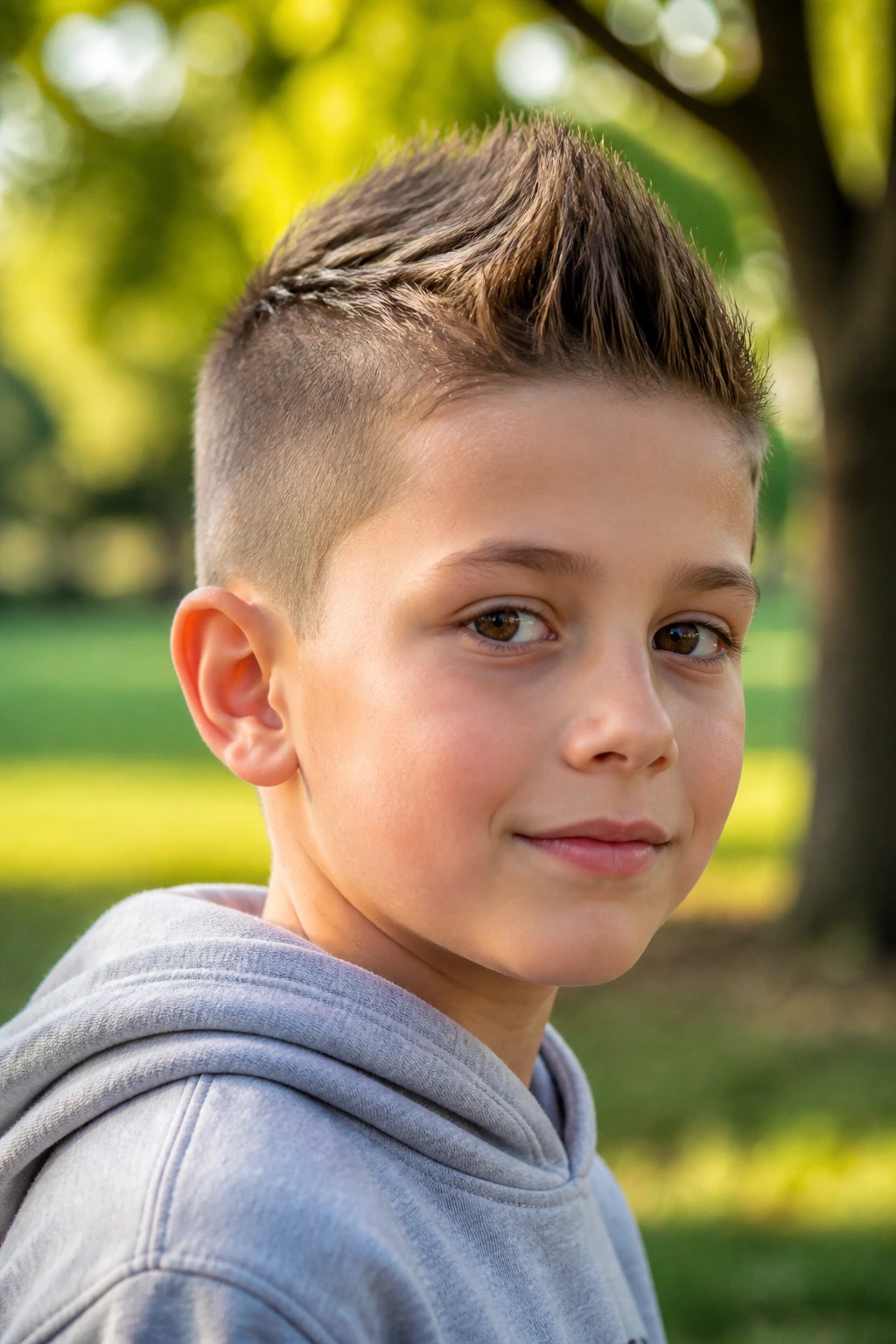 Portrait of a real boy with Eurohawk hairstyle showing defined center ridge and tapered sides in natural outdoor light.