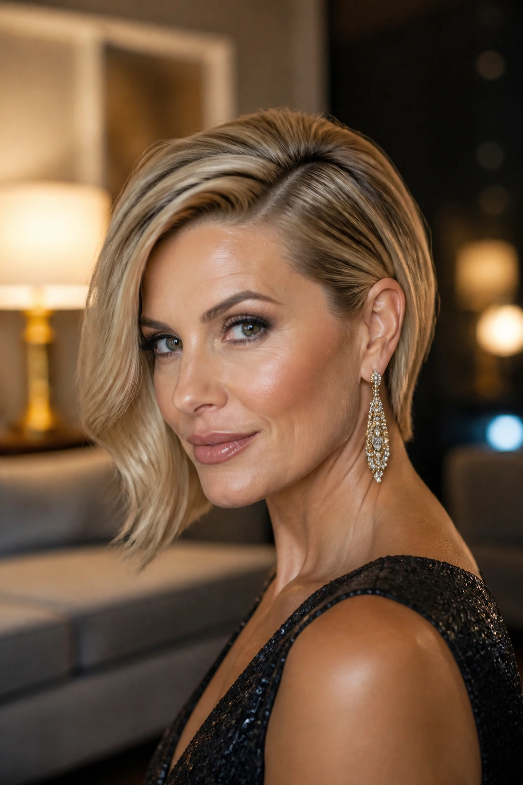 Portrait of a real woman with evening-glam hairstyle featuring crown lift and tucked side