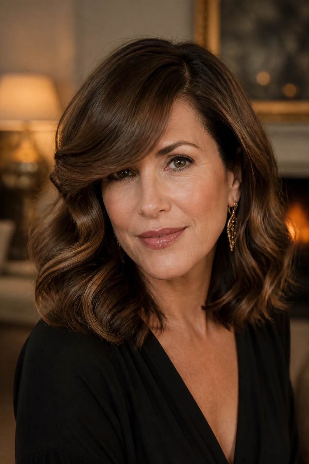 Close-up portrait of a real woman with glamour waves and a deep side part.