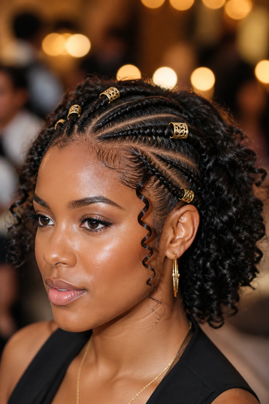Close-up of a real woman with event-ready cornrows, gold cuffs, and glossy curls