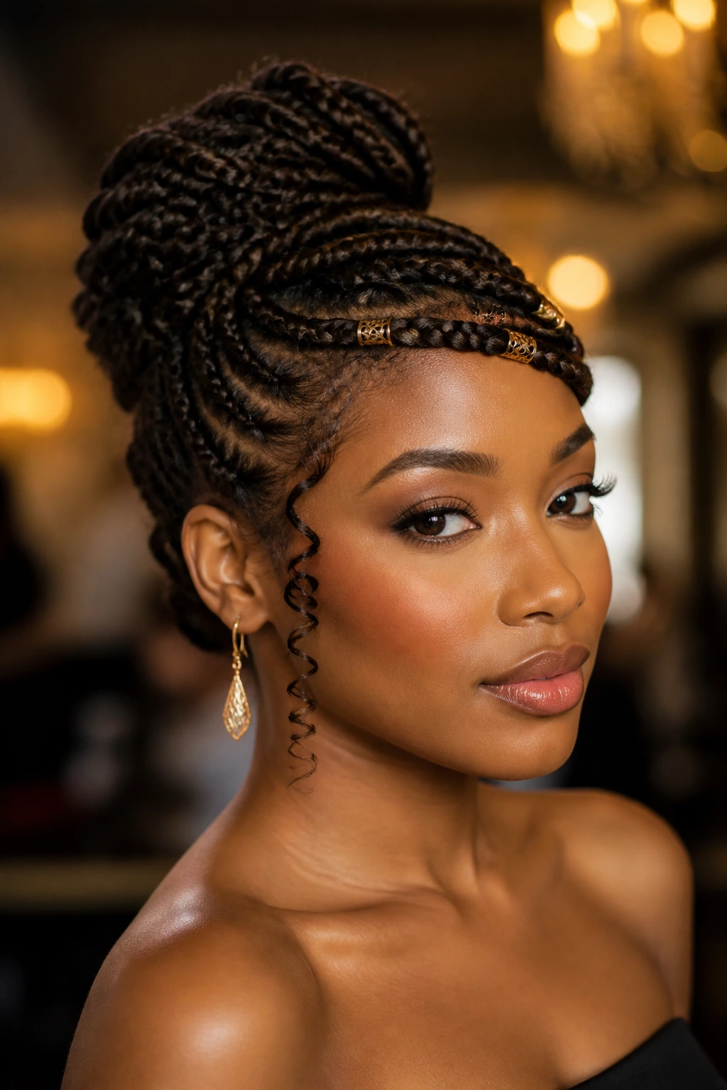 Event-ready braided updo with curled tendril and gold cuffs