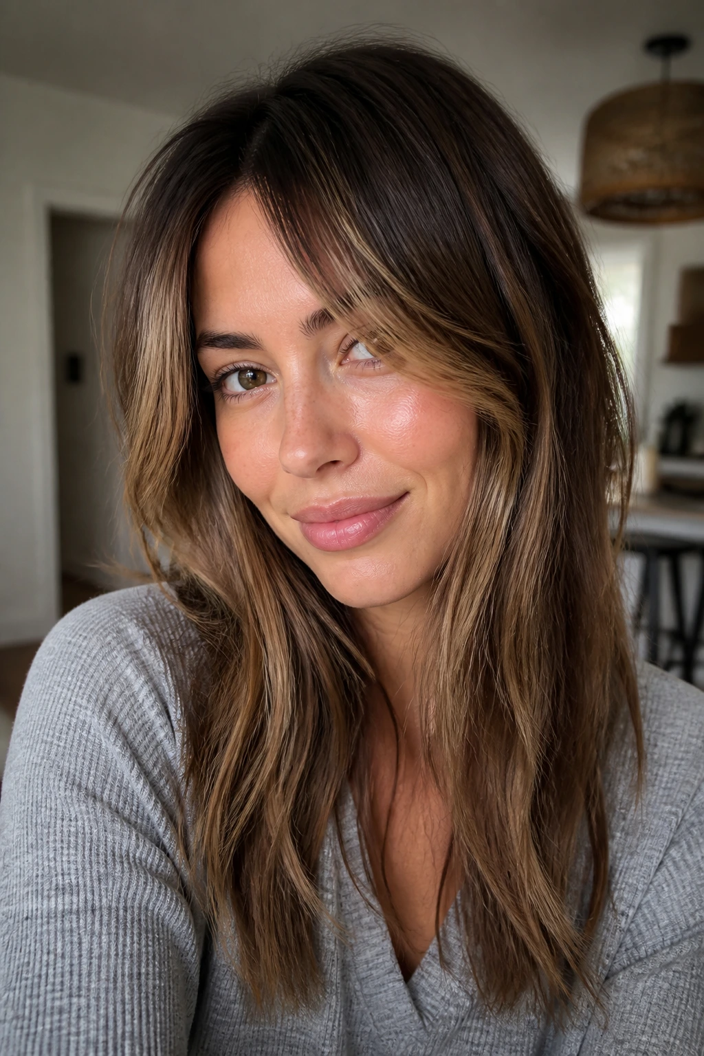 Woman with curtain bangs in a casual home setting