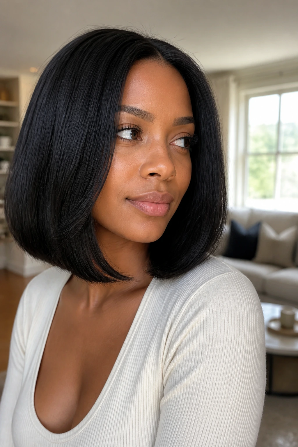 Portrait of a real woman with a longer beveled black bob in soft natural light