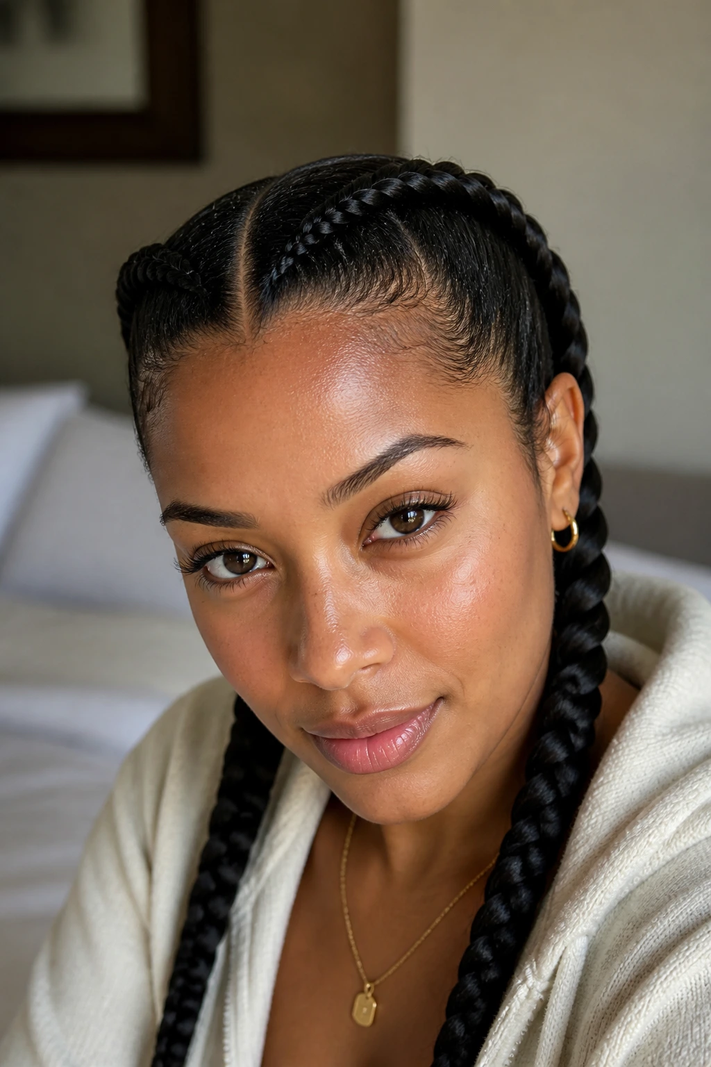Portrait of a woman with a center-part double Dutch braid in everyday wear setting.