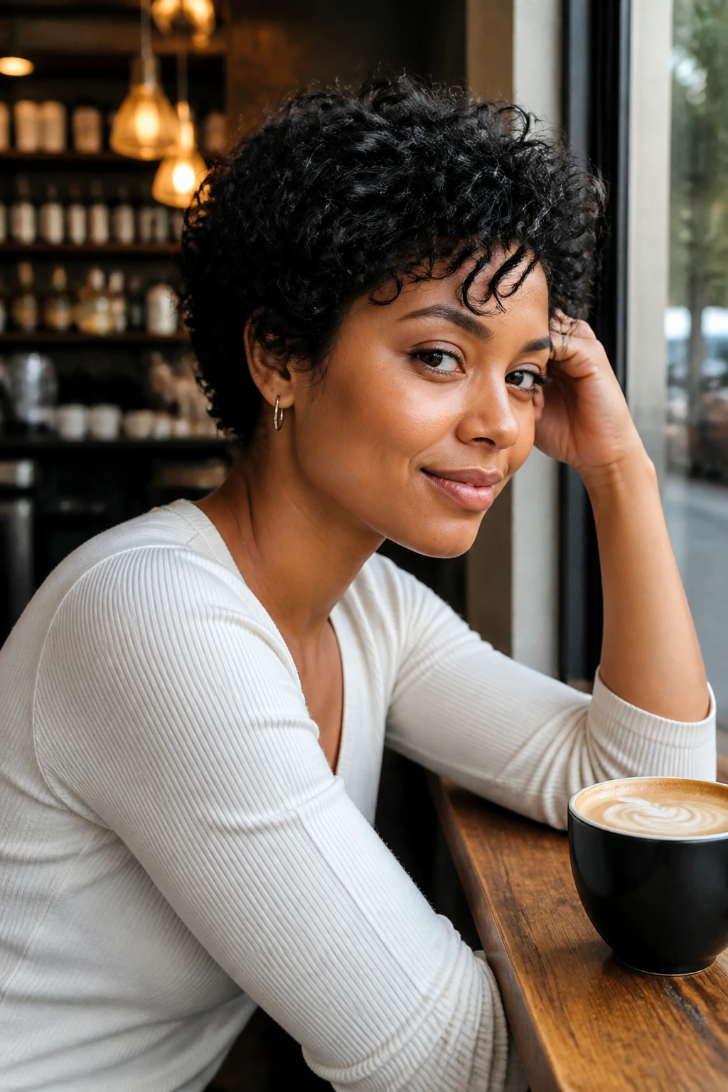 Real woman with short curly hairstyle in everyday setting