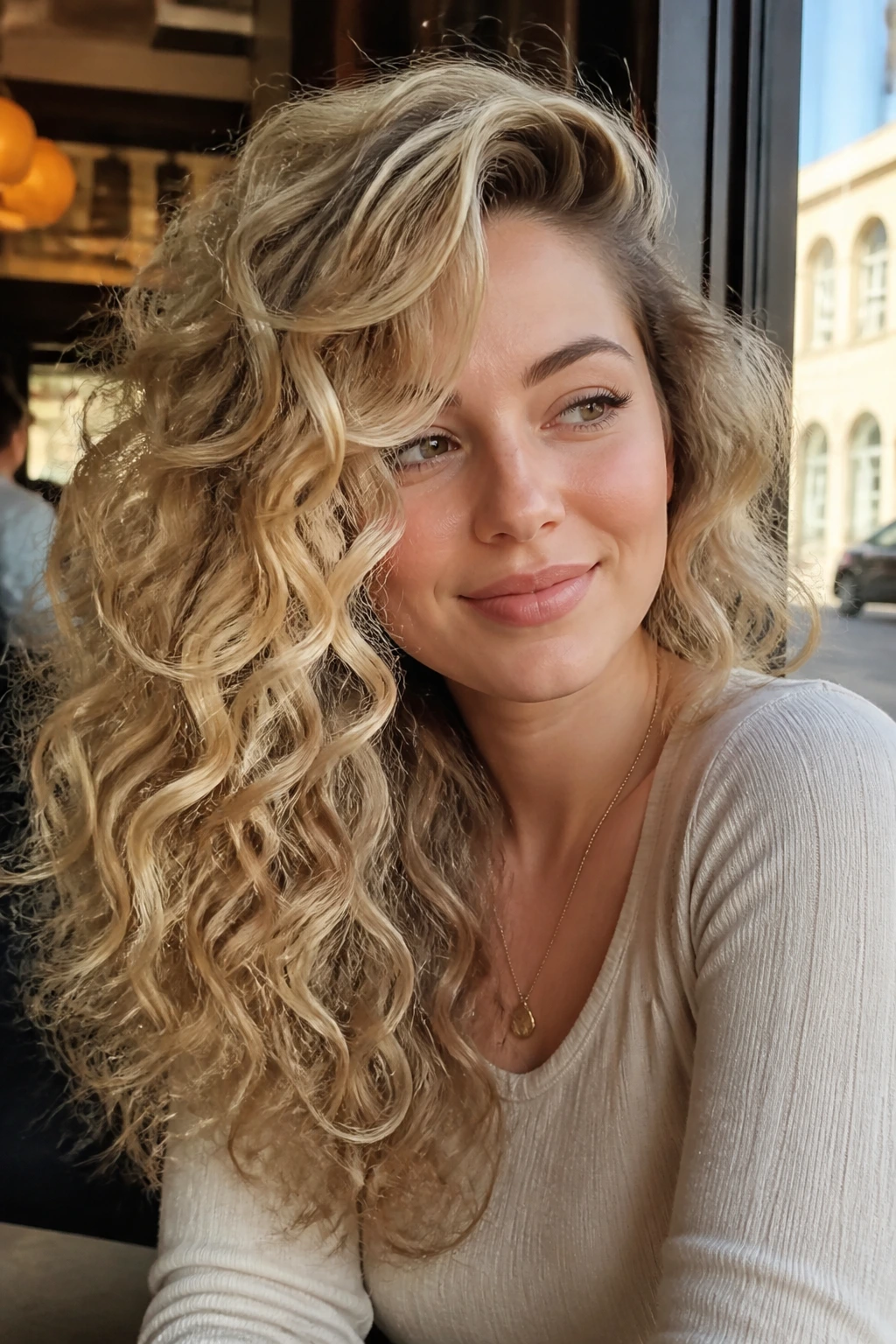 Real-life styled curls on a thick-haired woman in a cafe