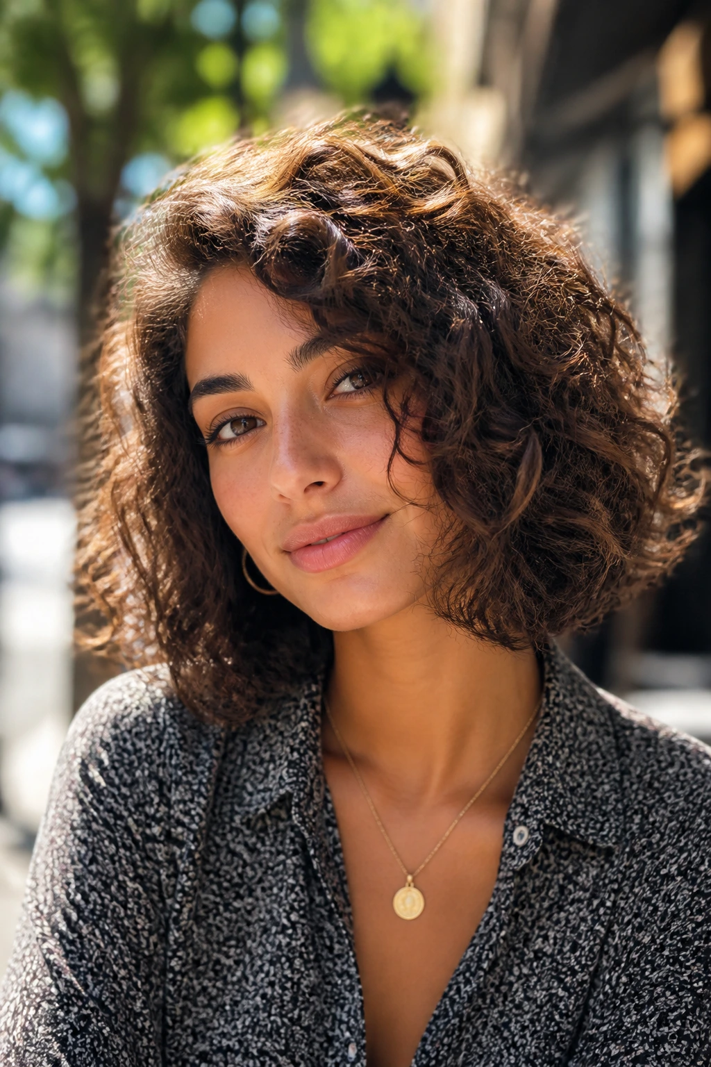 Portrait of a real woman showing a day-to-day curly lob style outdoors in daylight