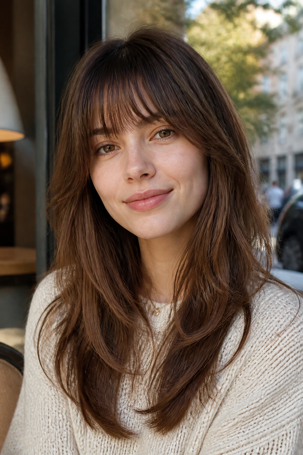 Real person wearing feathered bangs in an everyday setting.