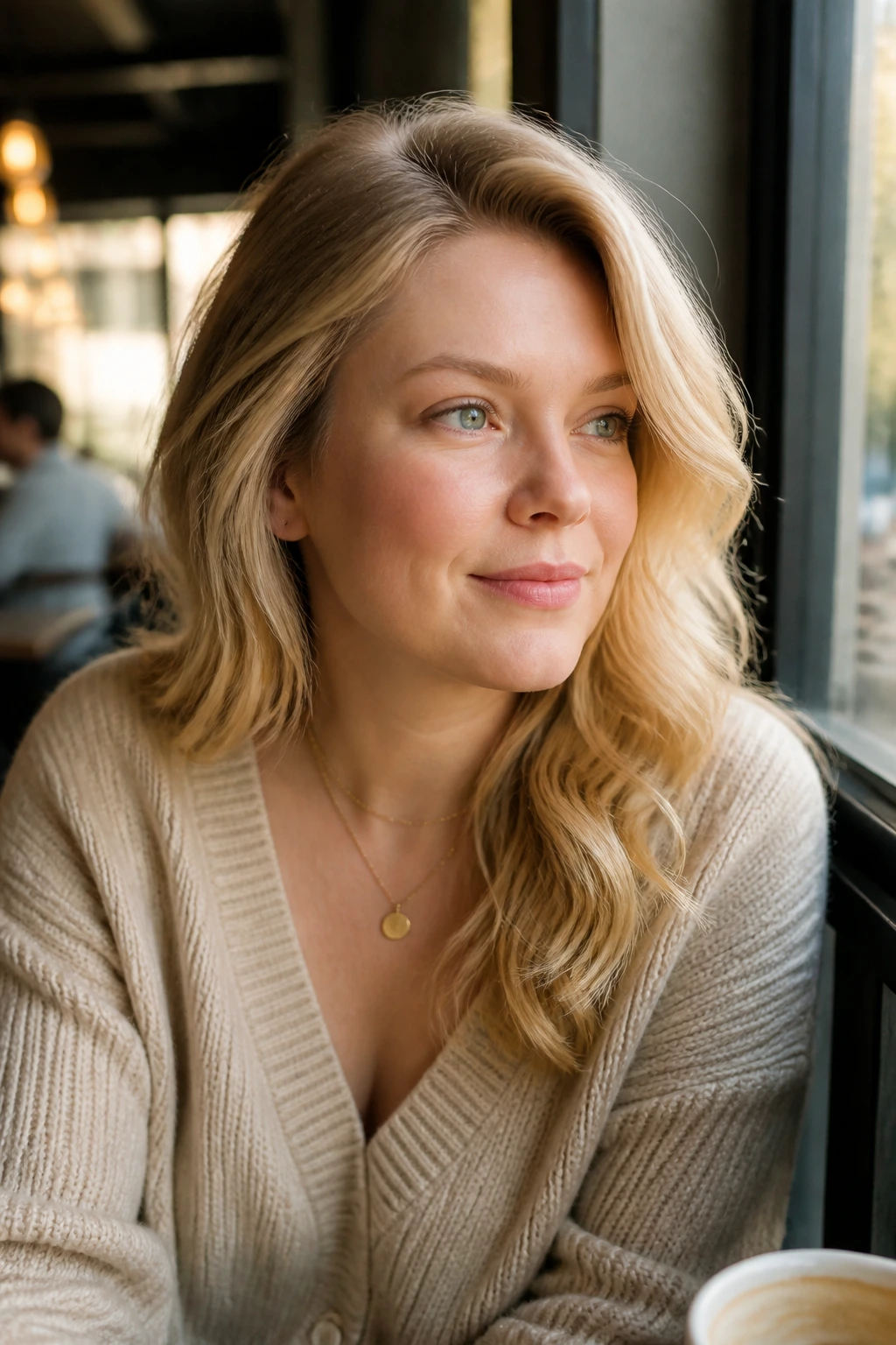 Woman wearing everyday hairstyle with side-part and soft waves