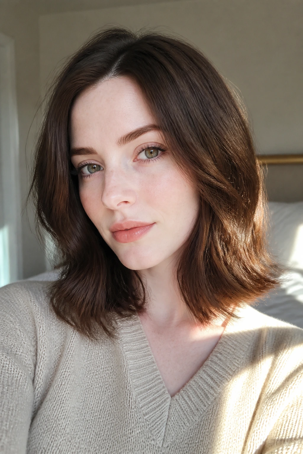 Close-up of a real woman with a medium brunette everyday lob and subtle bend